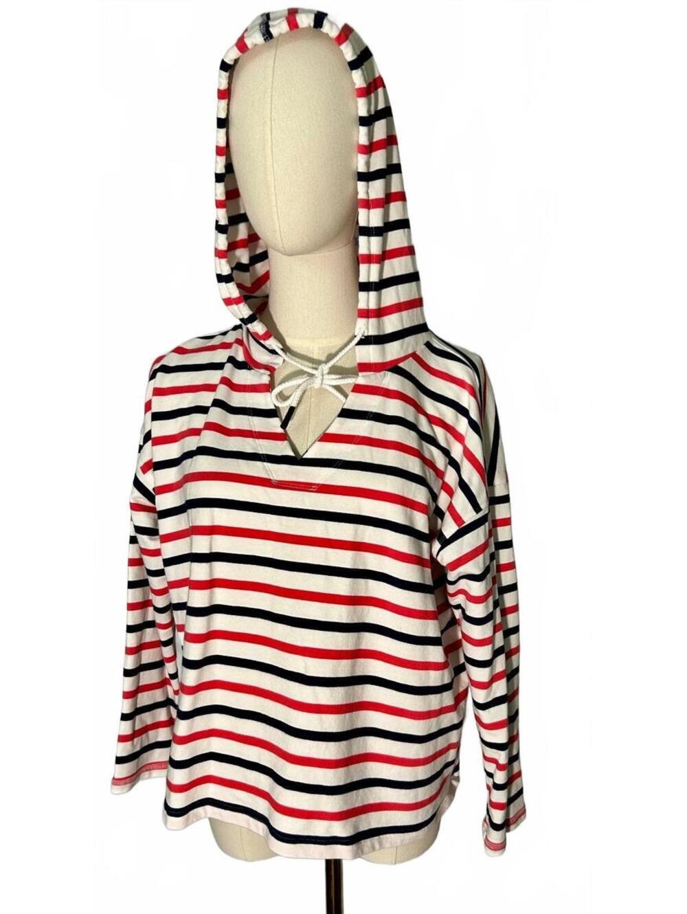 T by Talbots 1XP Petite Plus Cotton Hoodie Red Navy Stripe Pullover Nautical